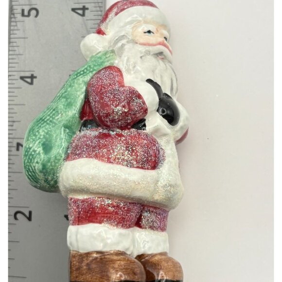 Vintage Santa Claus Christmas Tree Ornament with Glitter Accents Green Toy Sack - Picture 3 of 8